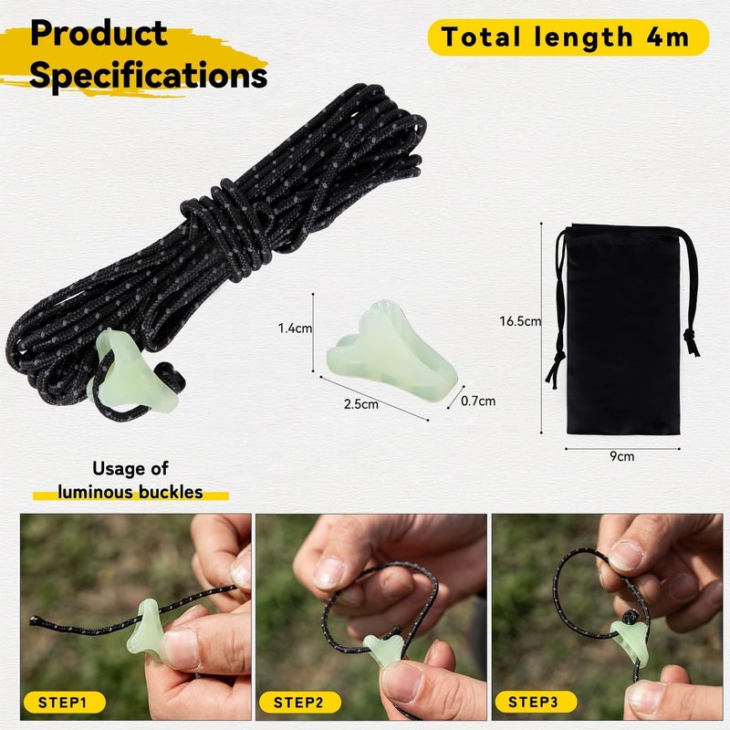 HIKEMAN Ultralight Tent Guy Ropes - 2mm Reflective Guyline,UHMWPE Camping Guide Rope with Luminescent Tensioner for Outdoor Camping Hiking Awning Tents(Orange, 4M) - Image 5